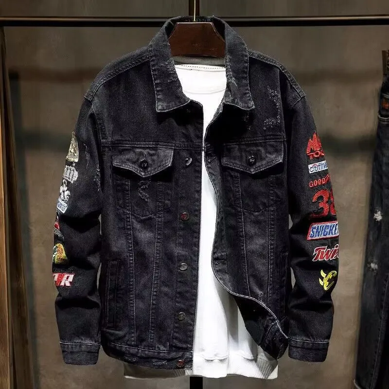Herren Modische Jeansjacke mit Logostickerei Drune