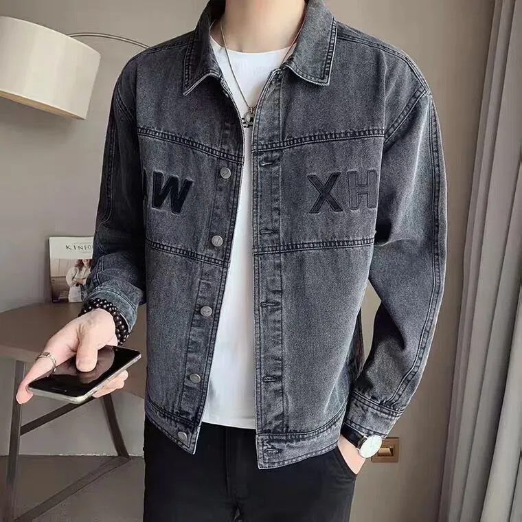Herren Modische Jeansjacke mit Logostickerei Drune