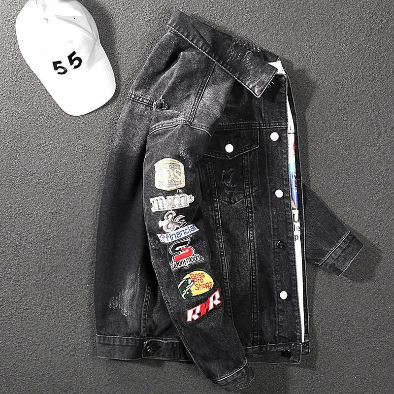 Herren Modische Jeansjacke mit kreativen Stickereien Drune
