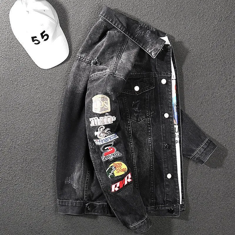 Herren Modische Jeansjacke mit kreativen Patches Drune