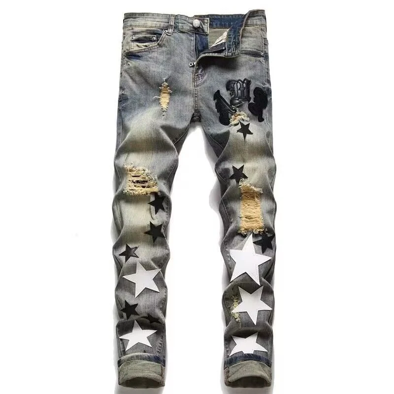 Herren Modische Destroyed Jeans mit Sternenapplikationen Drune