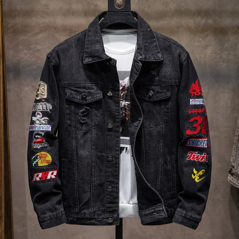 Herren Modische Denimjacke mit kreativen Patches Drune