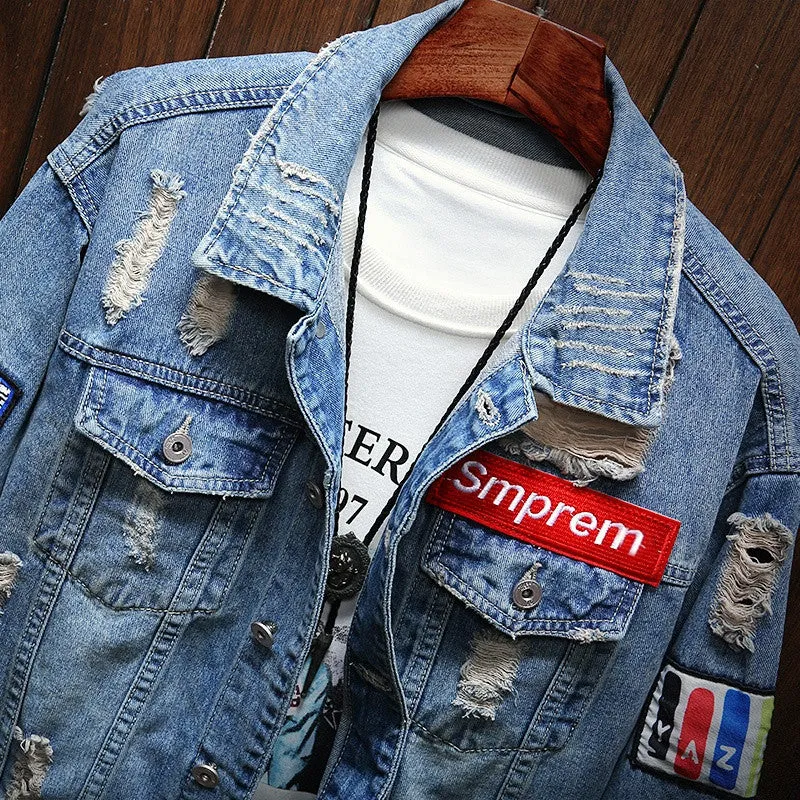 Herren Modische Denimjacke mit kreativen Applikationen Drune
