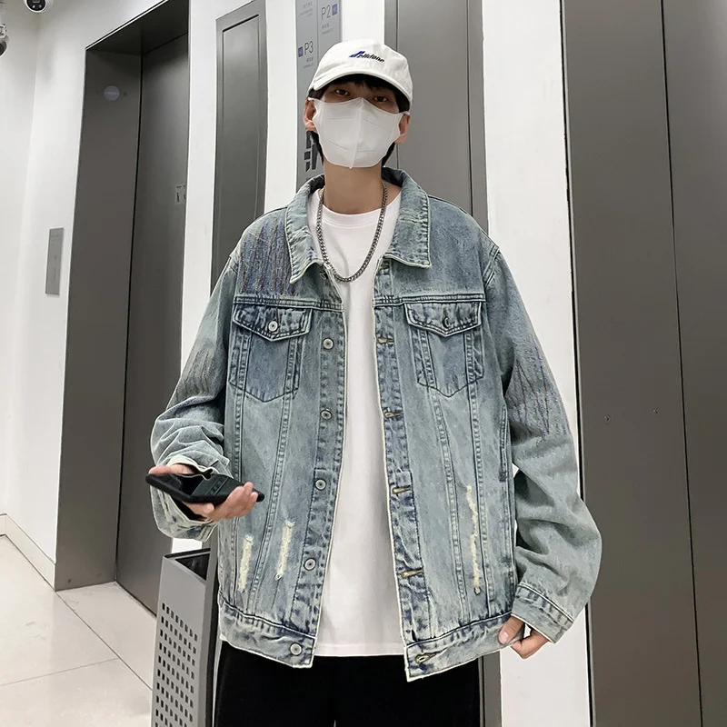 Herren Modische Denimjacke mit kreativen Akzenten Drune