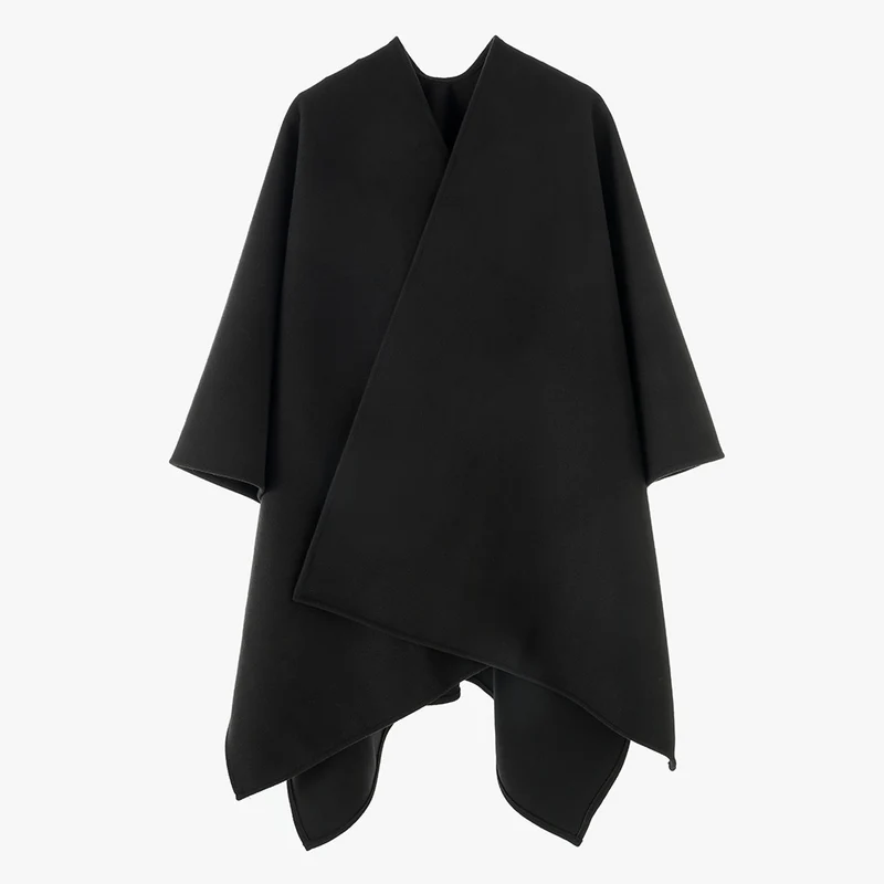 Damen Elegantes Wollmix-Cape mit asymmetrischem Saum und Wickel-Optik Drune