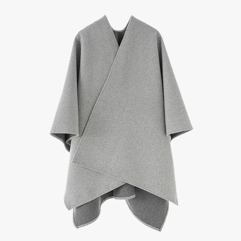 Damen Elegantes Wollmix-Cape mit asymmetrischem Saum und Wickel-Optik Drune
