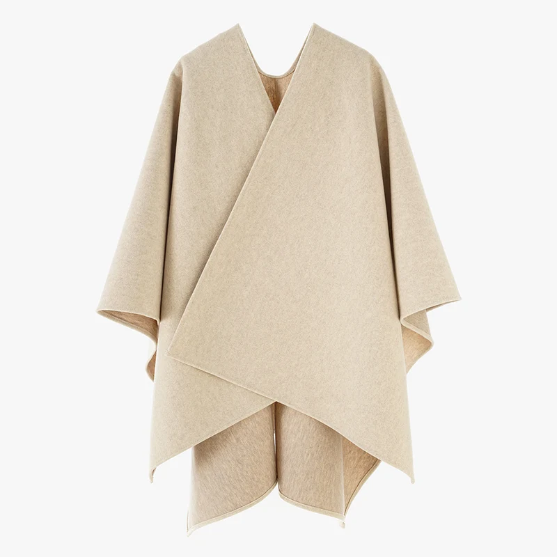 Damen Elegantes Wollmix-Cape mit asymmetrischem Saum und Wickel-Optik Drune