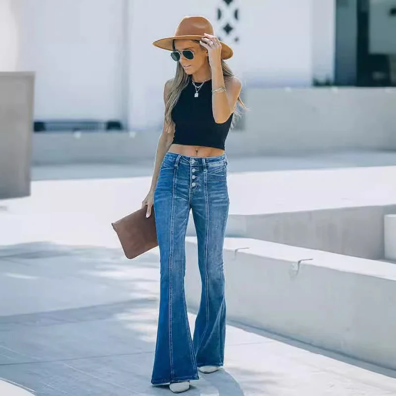 Damen High-Waist Bootcut Jeans mit eleganten Knopfdetails Drune