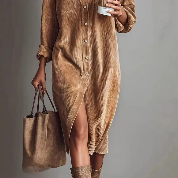 Damen Hemdblusenkleid aus Cord mit Brusttaschen, Knopfleiste und Schlitze Drune