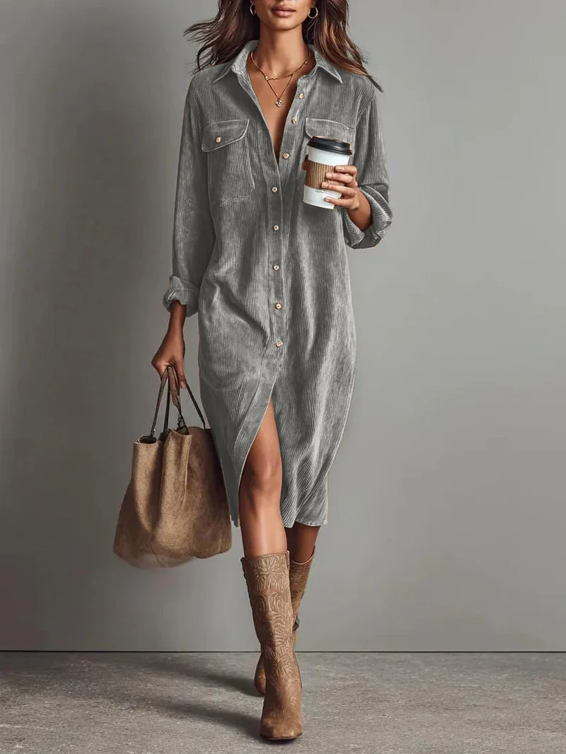 Damen Hemdblusenkleid aus Cord mit Brusttaschen, Knopfleiste und Schlitze Drune