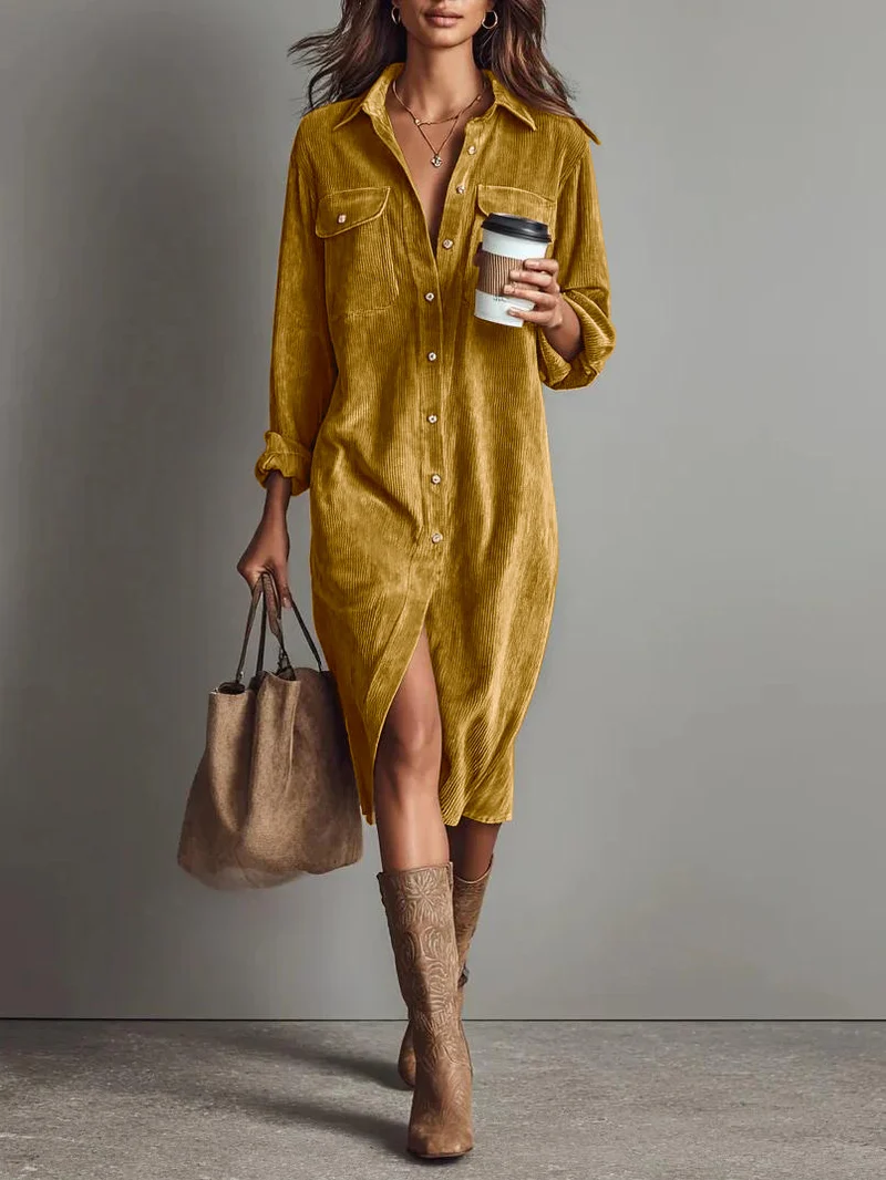 Damen Hemdblusenkleid aus Cord mit Brusttaschen, Knopfleiste und Schlitze Drune