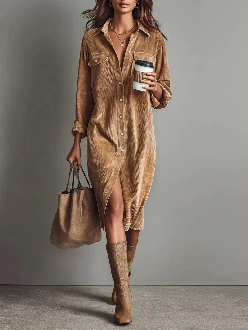 Damen Hemdblusenkleid aus Cord mit Brusttaschen, Knopfleiste und Schlitze Drune