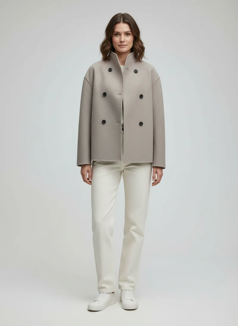 Drune | Damenjacke – Kurze Wolljacke in Beige mit Stehkragen & Knopfverschluss