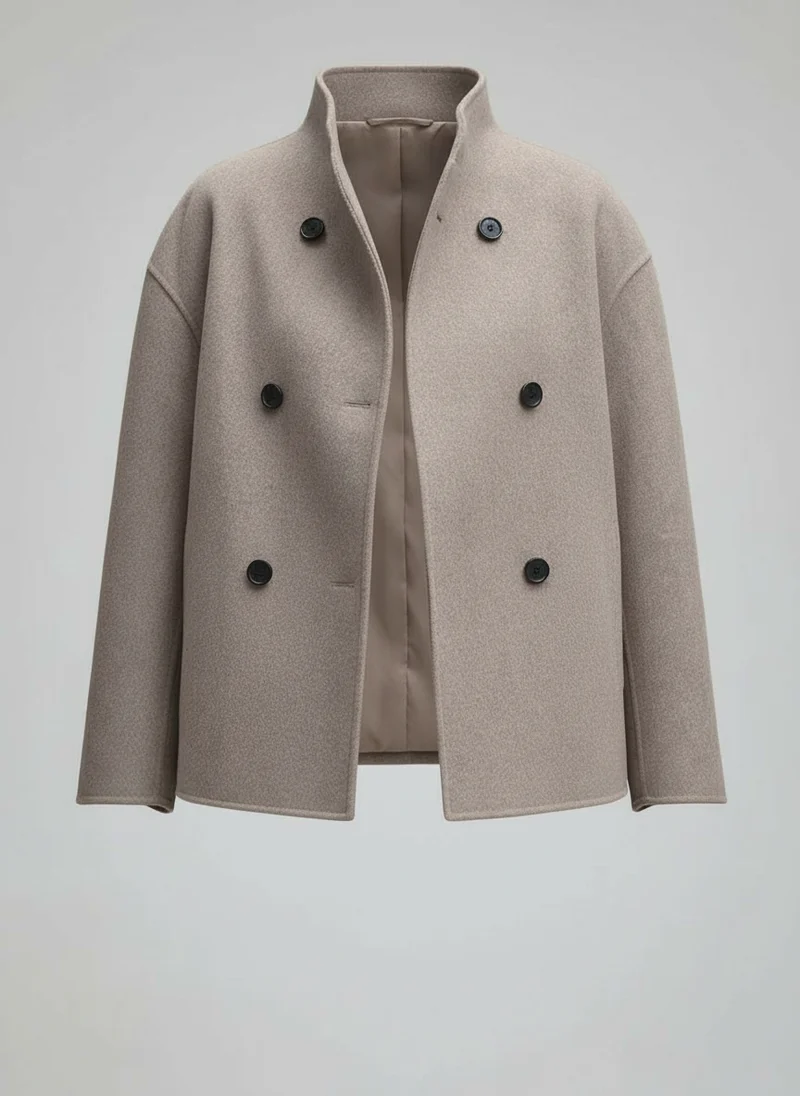 Drune | Damenjacke – Kurze Wolljacke in Beige mit Stehkragen & Knopfverschluss