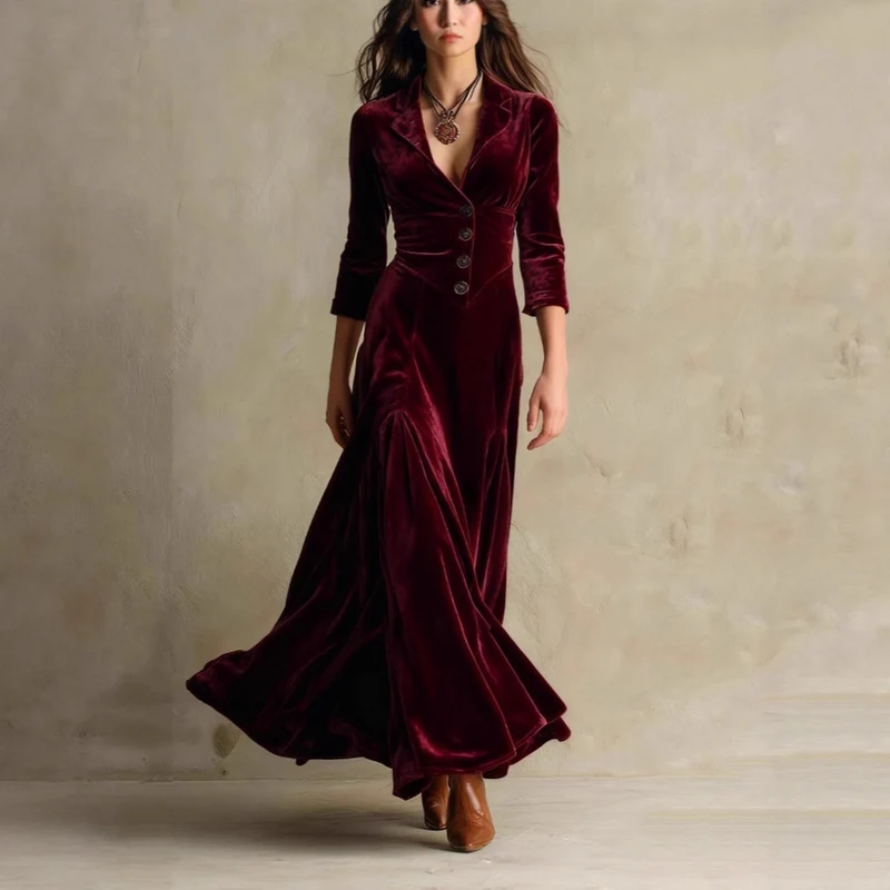 Damen Samt-Midaxi-Kleid mit tailliertem Sakko-Oberteil, V-Ausschnitt und weitem Stufenrock Drune