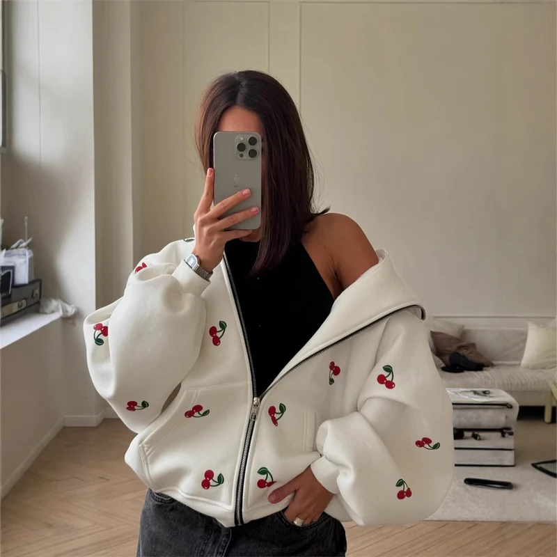 Damen Kapuzenpullover mit fruchtigem Allover-Design und Reißverschluss Drune