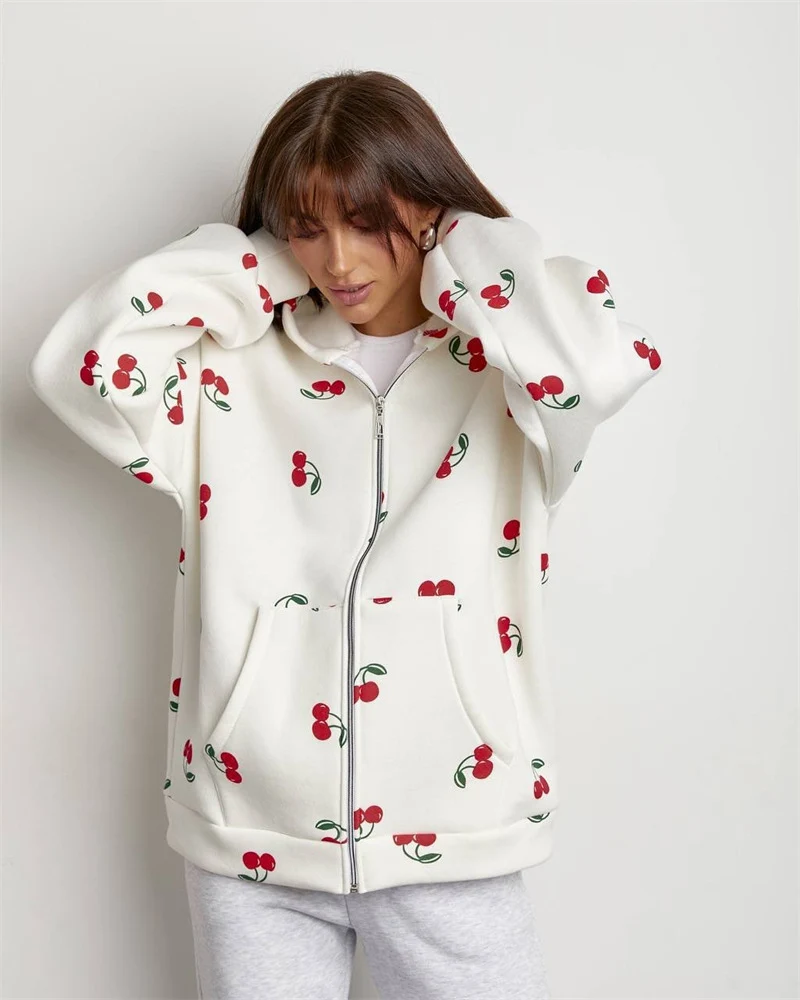 Damen Kapuzenpullover mit fruchtigem Allover-Design und Reißverschluss Drune