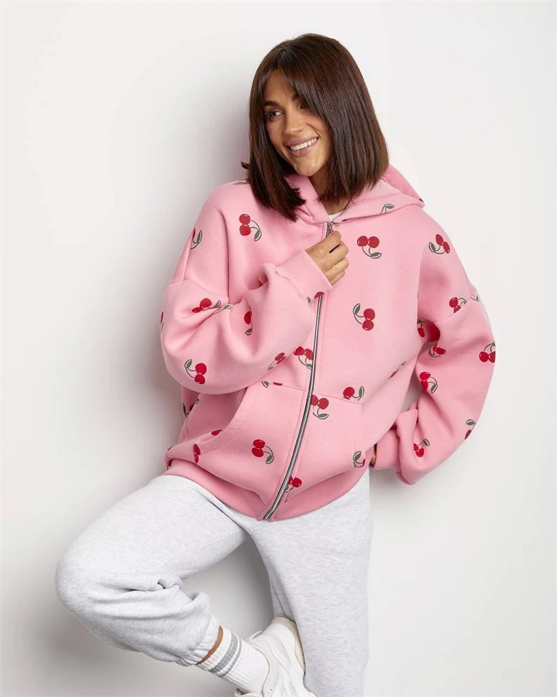 Damen Kapuzenpullover mit fruchtigem Allover-Design und Reißverschluss Drune