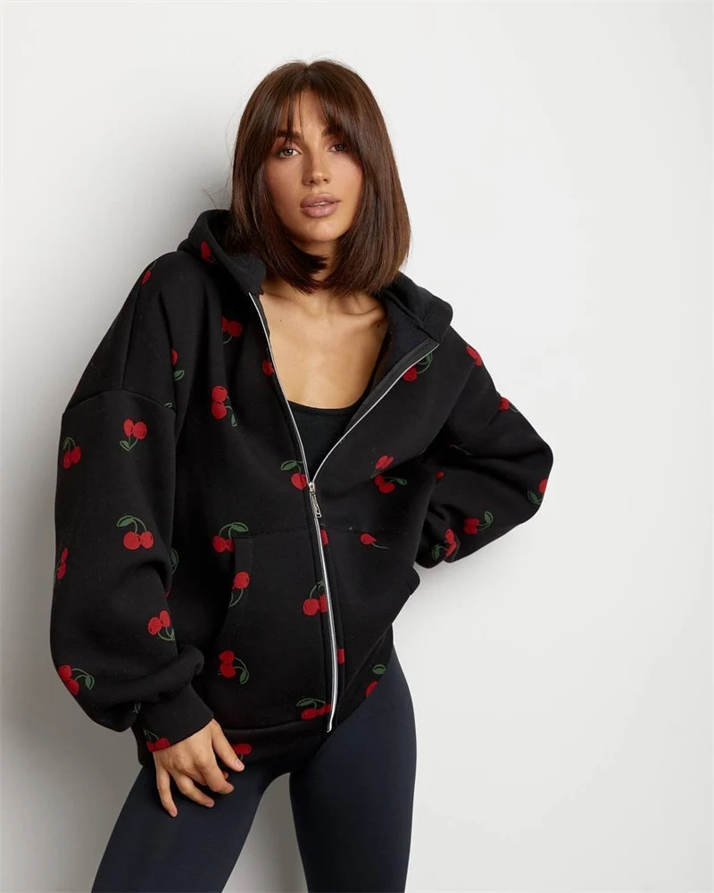 Damen Kapuzenpullover mit fruchtigem Allover-Design und Reißverschluss Drune