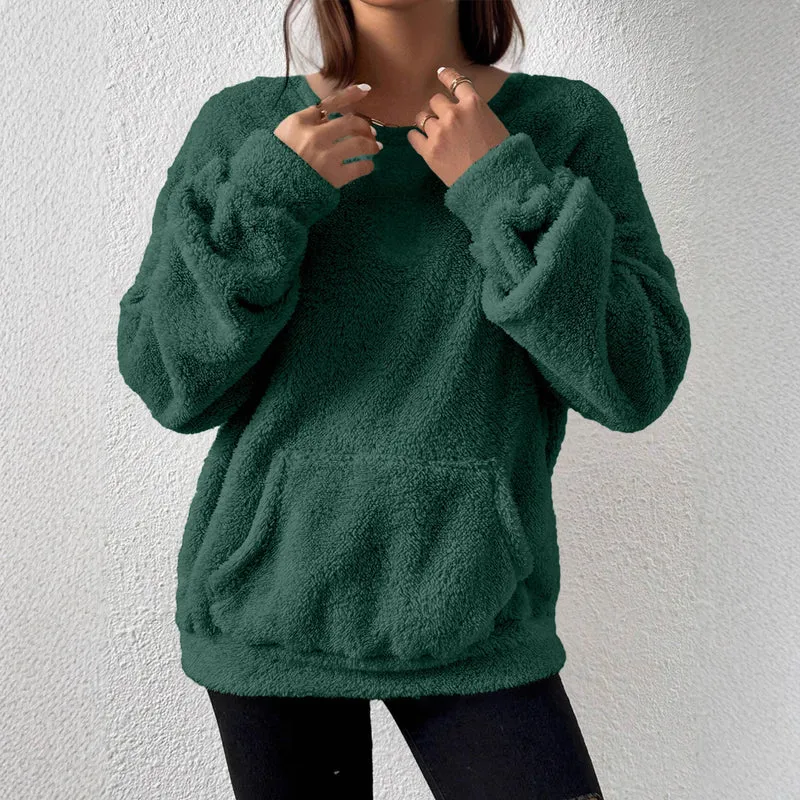 Damen Kuscheliger Teddy-Fleece-Pullover mit Kängurutasche Drune