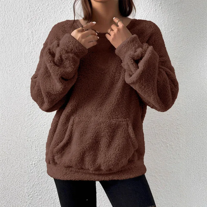 Damen Kuscheliger Teddy-Fleece-Pullover mit Kängurutasche Drune