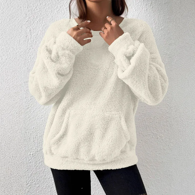 Damen Kuscheliger Teddy-Fleece-Pullover mit Kängurutasche Drune