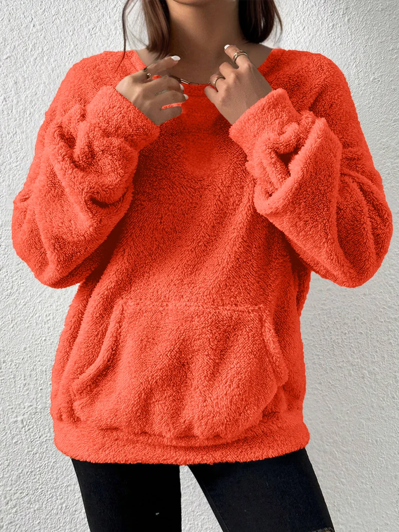 Damen Kuscheliger Teddy-Fleece-Pullover mit Kängurutasche Drune