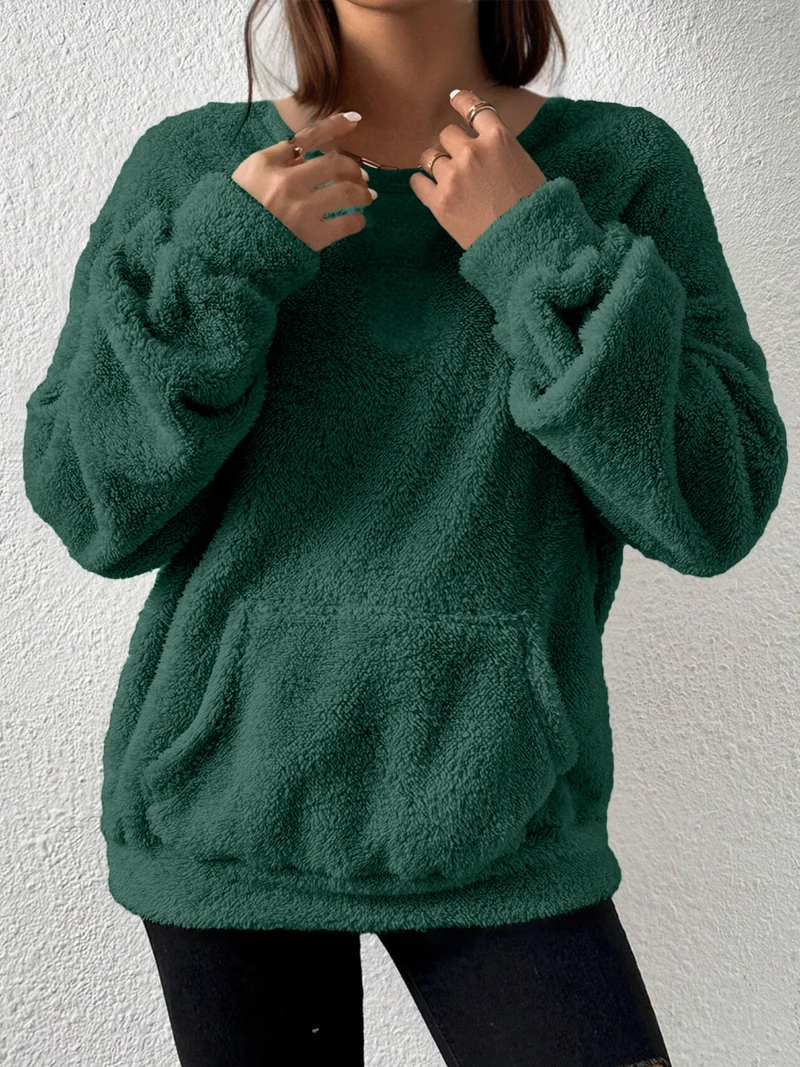 Damen Kuscheliger Teddy-Fleece-Pullover mit Kängurutasche Drune