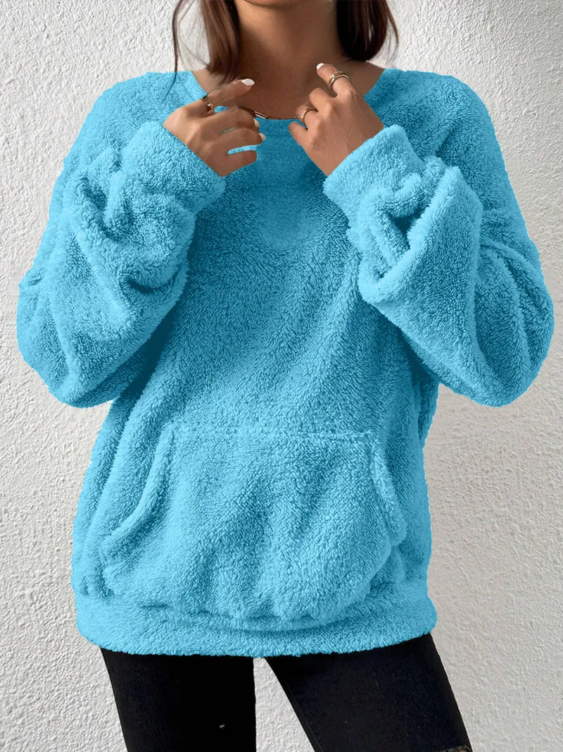 Damen Kuscheliger Teddy-Fleece-Pullover mit Kängurutasche Drune