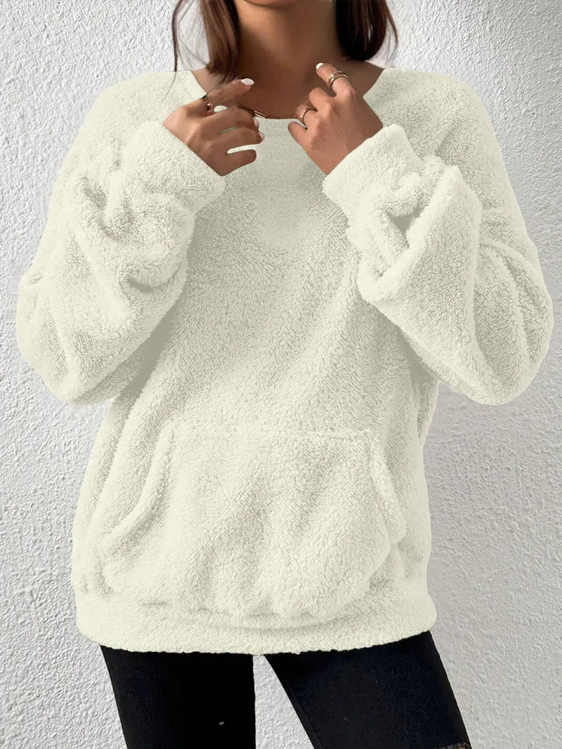 Damen Kuscheliger Teddy-Fleece-Pullover mit Kängurutasche Drune