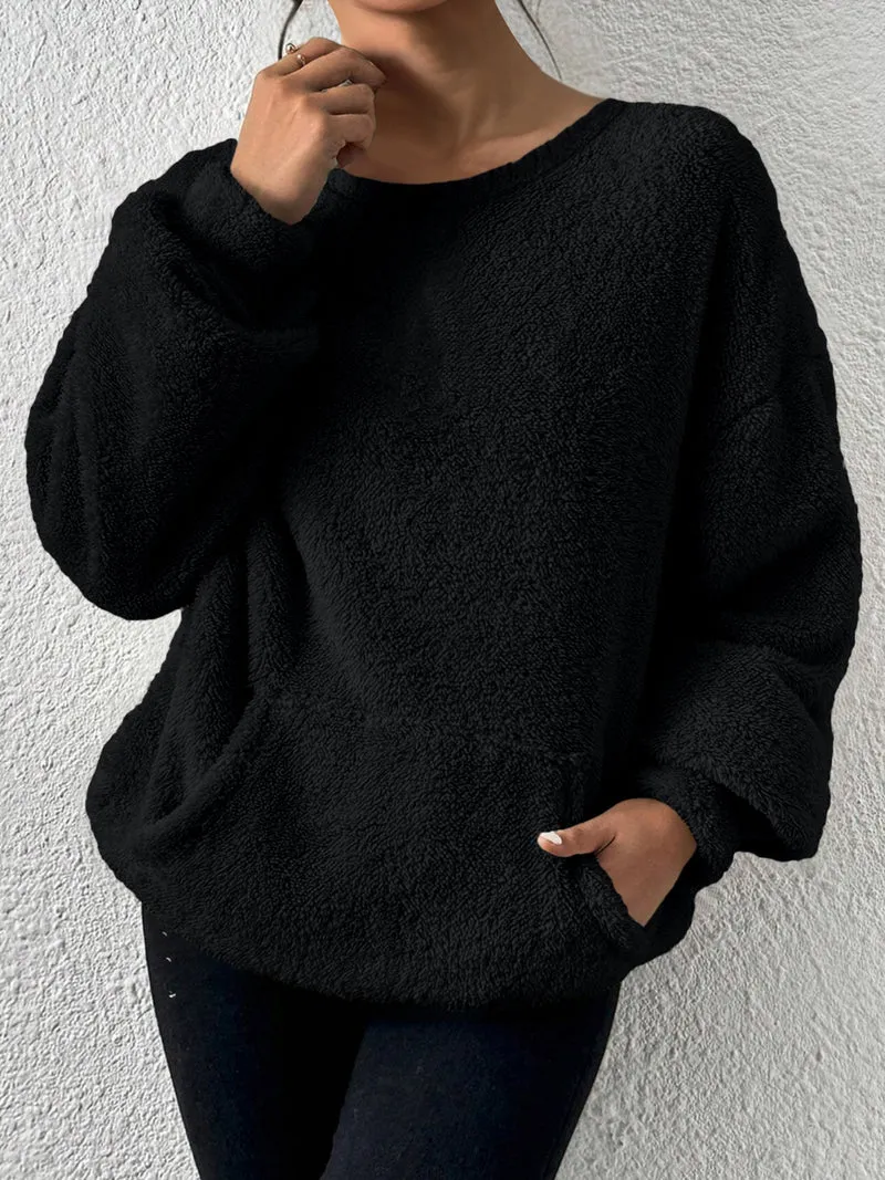 Damen Kuscheliger Teddy-Fleece-Pullover mit Kängurutasche Drune