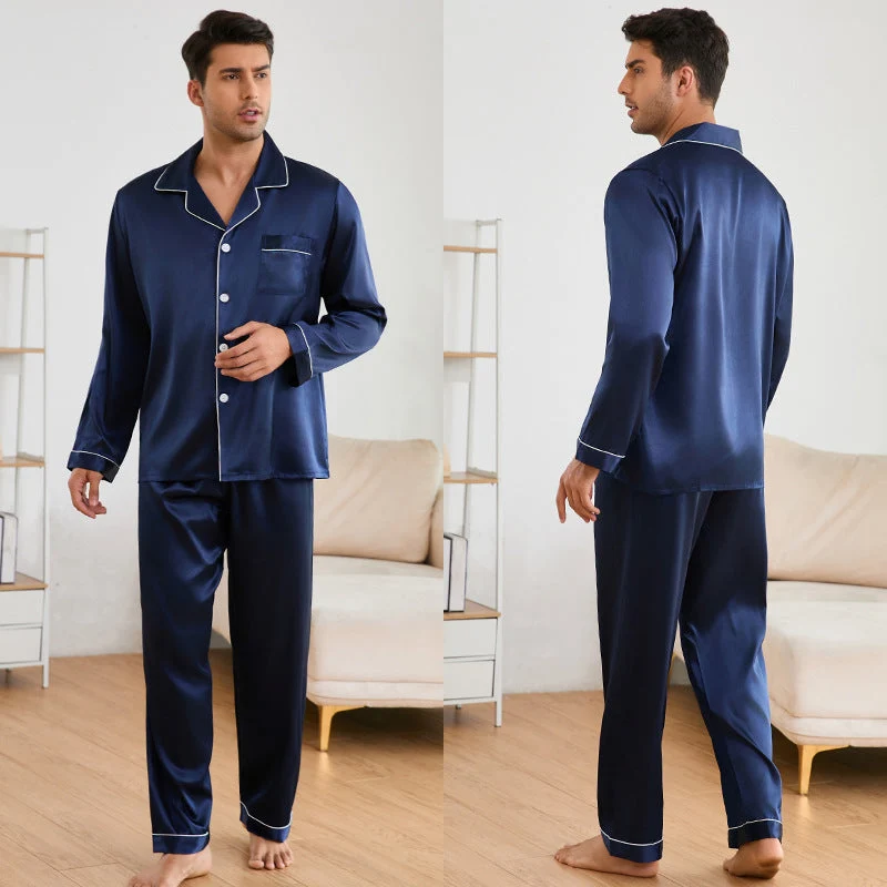 Herren Satin Schlafanzug-Set mit klassischem Kragen und eleganten Kontrastnähten Drune
