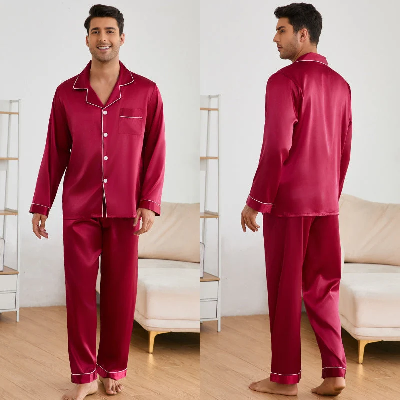 Herren Satin Schlafanzug-Set mit klassischem Kragen und eleganten Kontrastnähten Drune