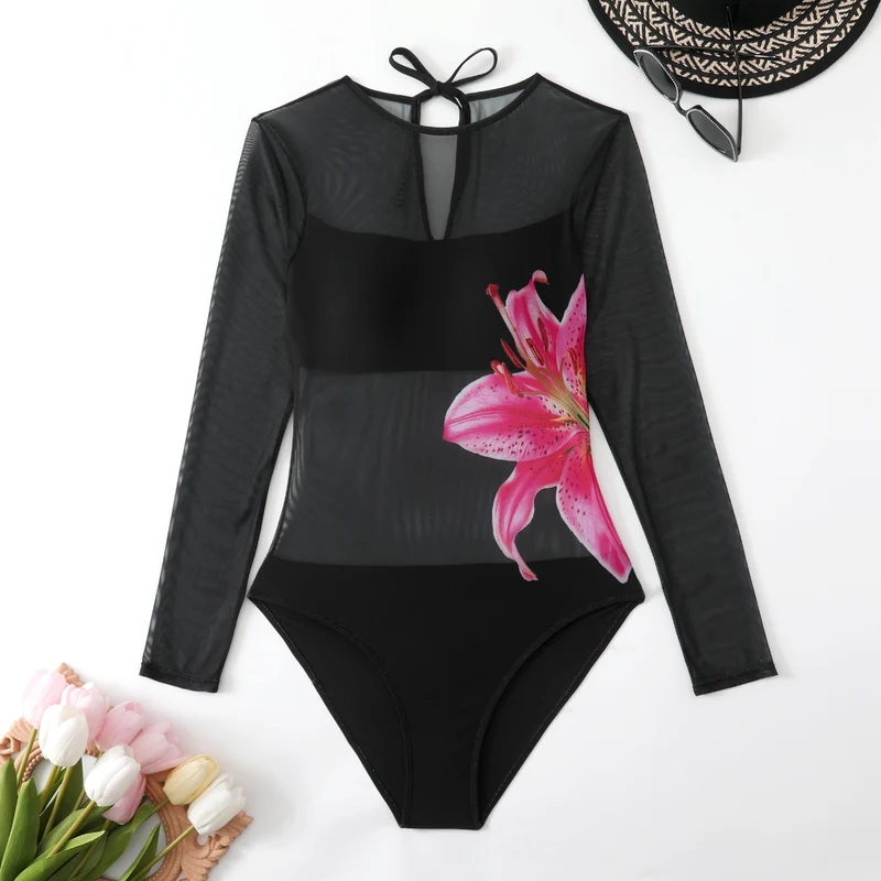Damen Schwimmanzug mit langem Arm und elegantem Blumendesign Drune
