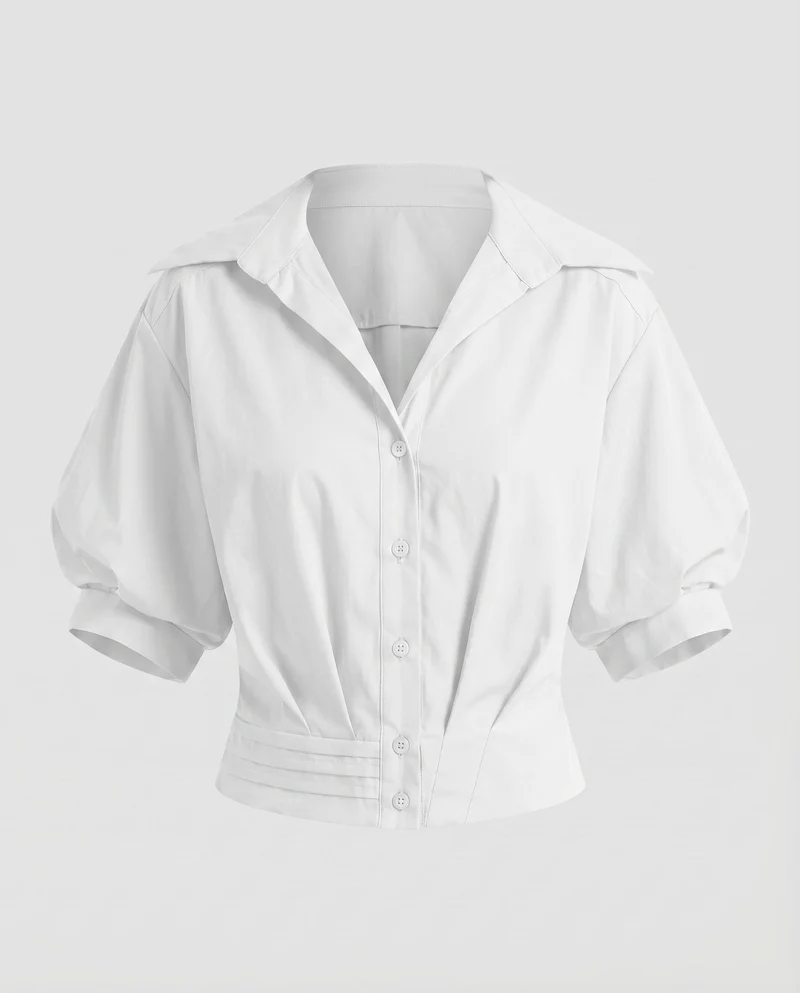 Damen Kurzbluse Matrosenkragen Puffärmel Tailliert