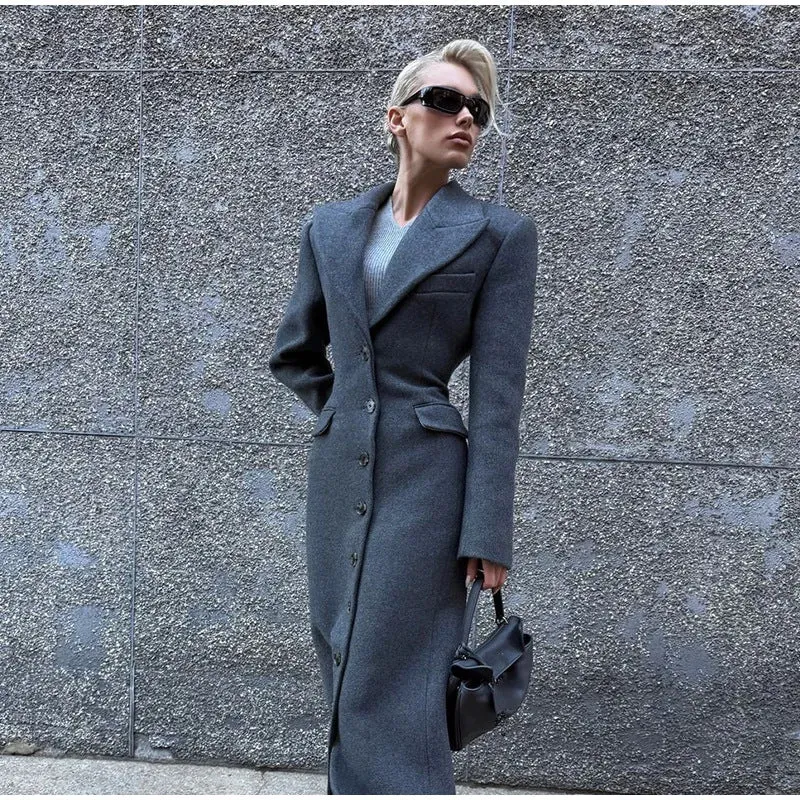 Damen Eleganter Wollmantel mit tailliertem Schnitt und langen Ärmeln Drune
