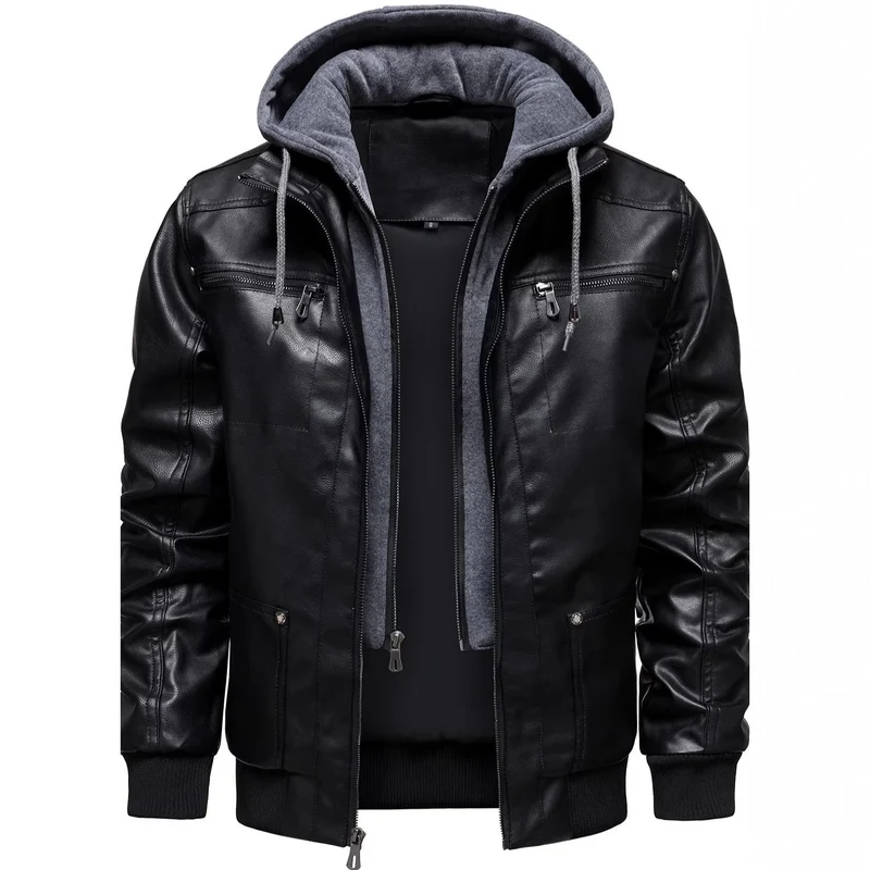 Herren Sportliche Lederjacke mit Kapuze Drune