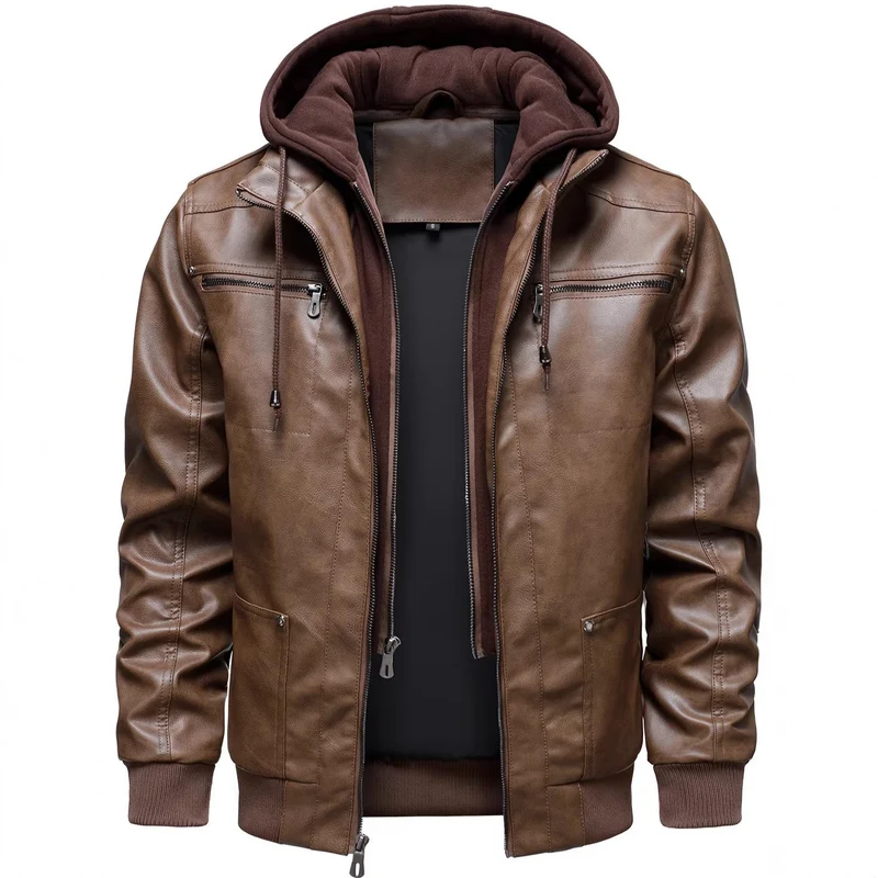 Herren Sportliche Lederjacke mit Kapuze Drune