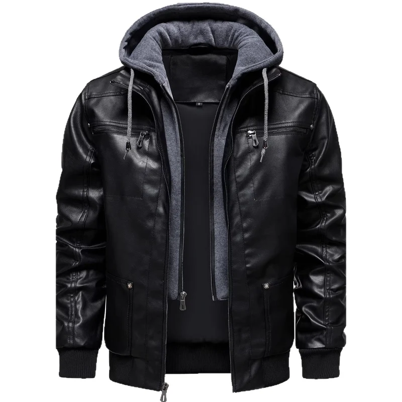 Herren Sportliche Lederjacke mit Kapuze Drune