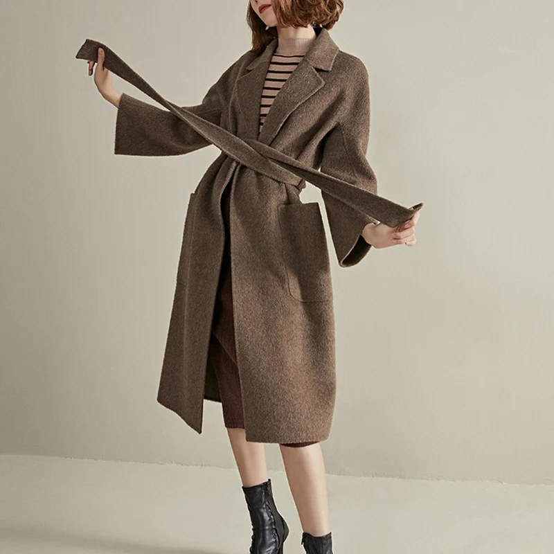 Damen Modischer Wollmantel mit Taillengürtel Drune