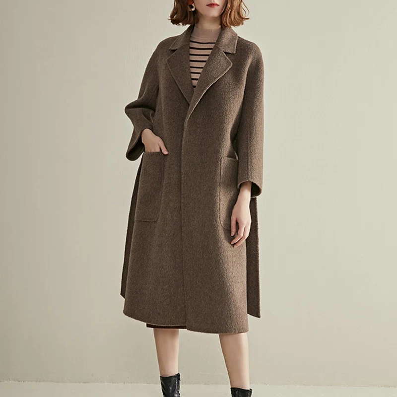 Damen Modischer Wollmantel mit Taillengürtel Drune