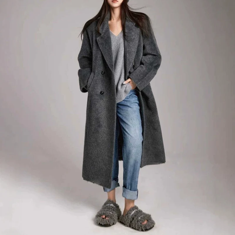 Damen Modischer und eleganter Bouclé-Mantel mit doppelter Knopfleiste Drune