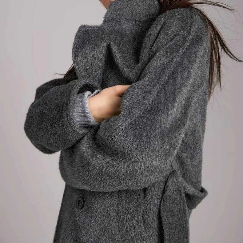 Damen Modischer und eleganter Bouclé-Mantel mit doppelter Knopfleiste Drune
