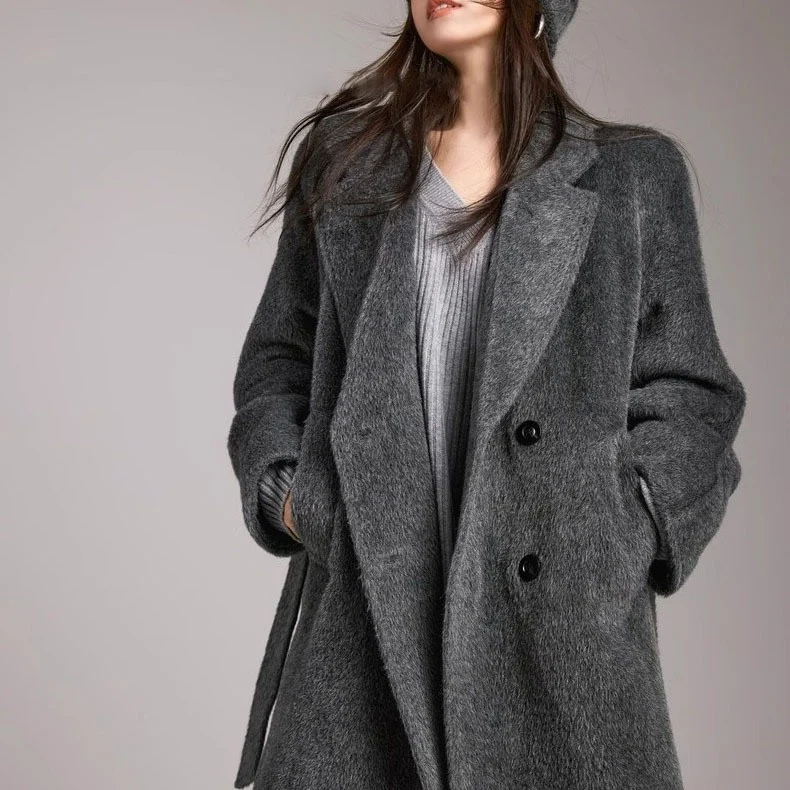 Damen Modischer und eleganter Bouclé-Mantel mit doppelter Knopfleiste Drune