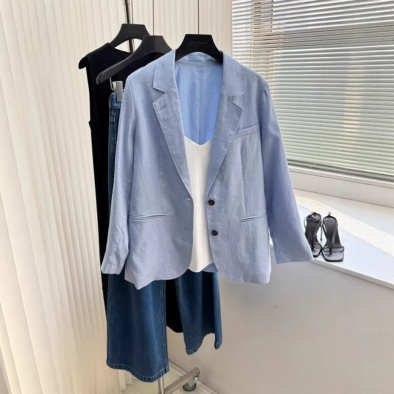 Damen Modischer Leinenblazer mit zwei Taschen Drune