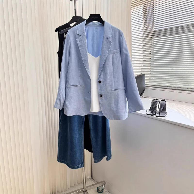 Damen Modischer Leinenblazer mit zwei Taschen Drune