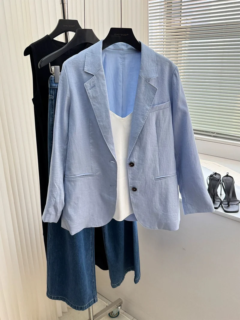 Damen Modischer Leinenblazer mit zwei Taschen Drune