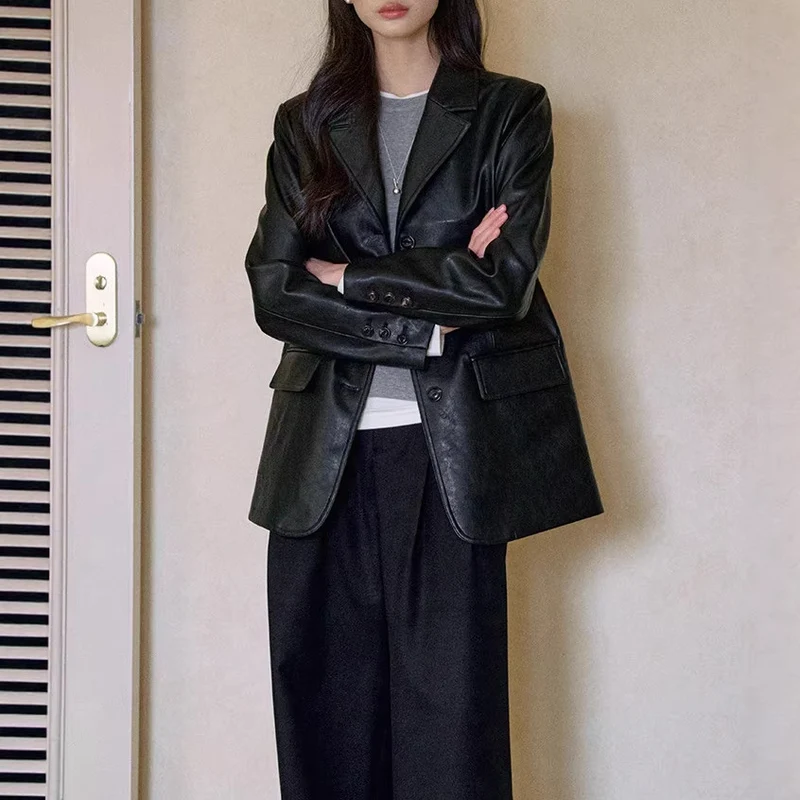 Damen Modischer Lederblazer Drune