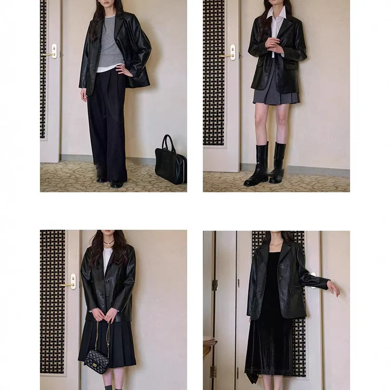 Damen Modischer Lederblazer Drune