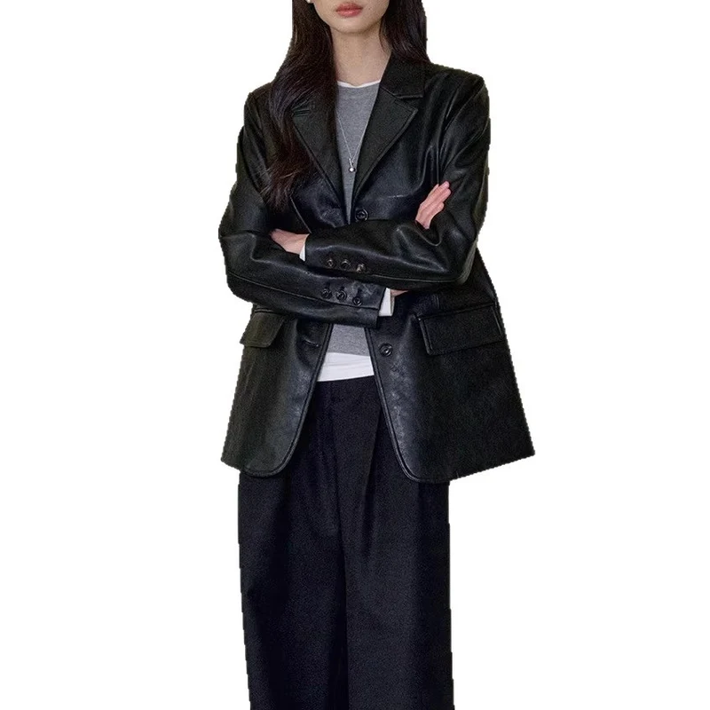 Damen Modischer Lederblazer Drune